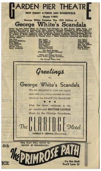 1939 Flyer for ''George White's Scandals'' at the Garden Pier Theatre, Listing The Three Stooges in 2 Places -- Measures 11'' x 9.5'' Unfolded -- Some Notations, Else Very Good Plus